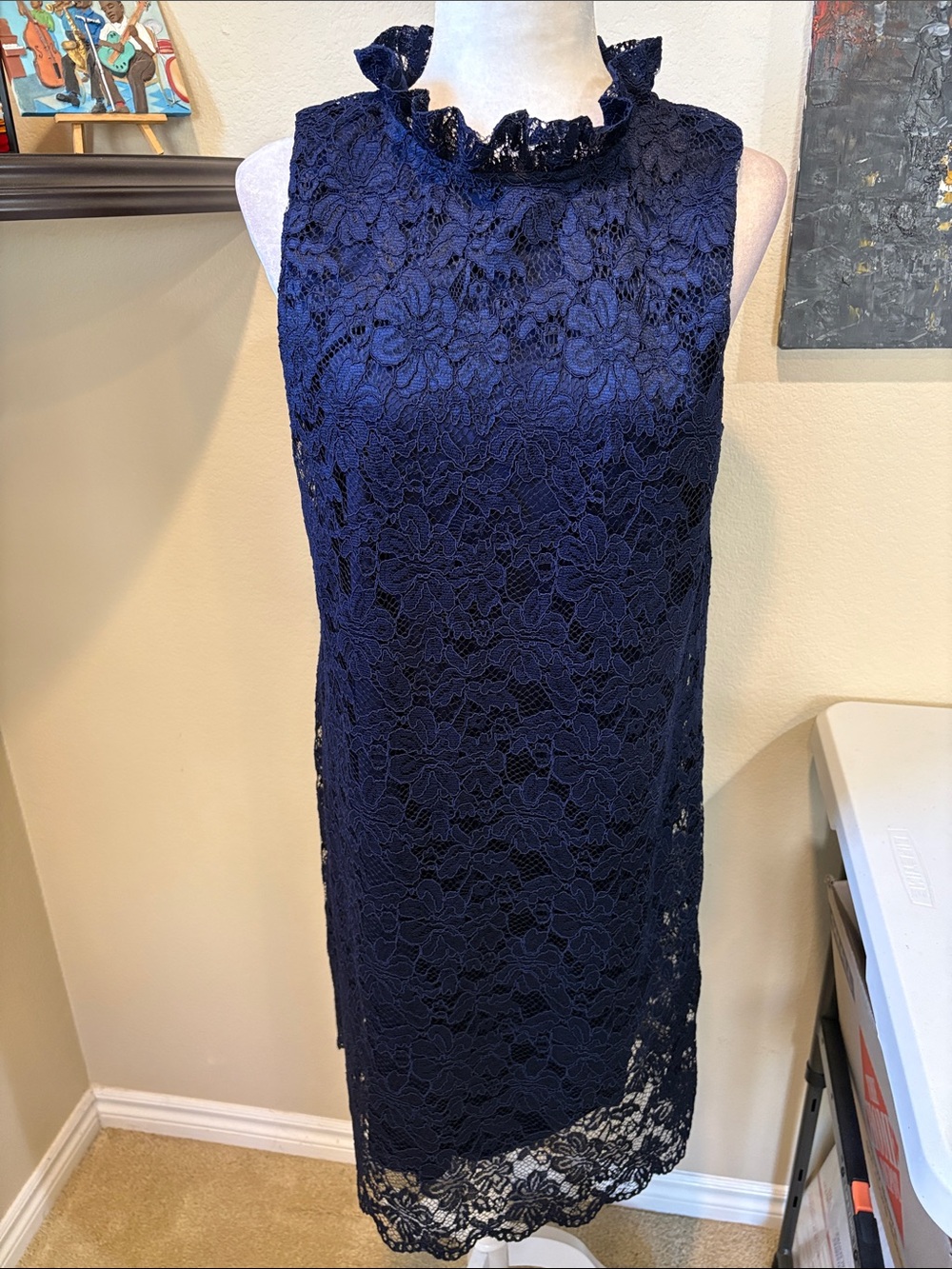 Anne Klein Navy Floral Lace Ruffle Neck Midi Dress-Size 12